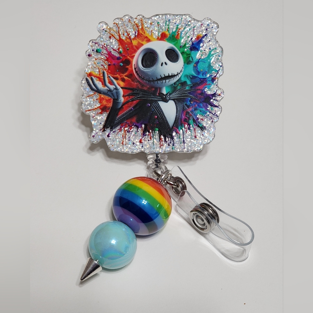 Jack Skeleton Badge Reel Colorful Christmas Beaded Badge Clip ID Holder‎